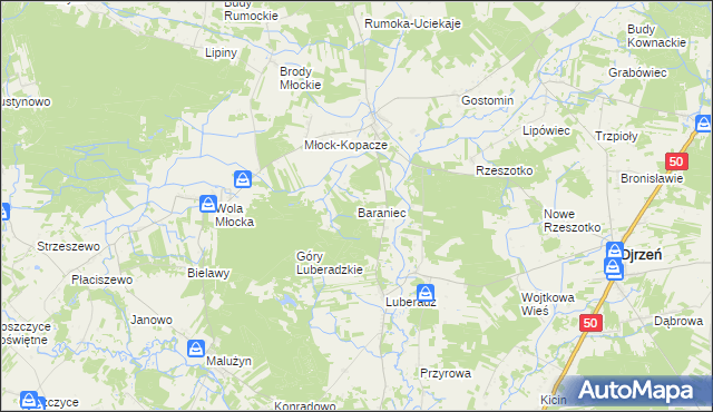 mapa Baraniec gmina Ojrzeń, Baraniec gmina Ojrzeń na mapie Targeo