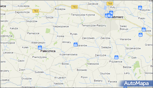 mapa Baranów gmina Skalbmierz, Baranów gmina Skalbmierz na mapie Targeo