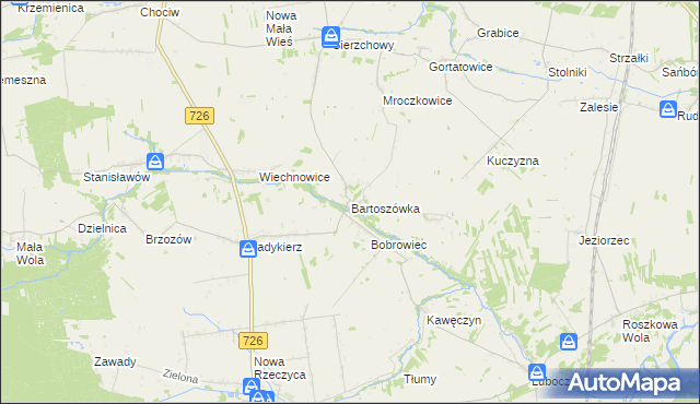 mapa Bartoszówka gmina Rzeczyca, Bartoszówka gmina Rzeczyca na mapie Targeo