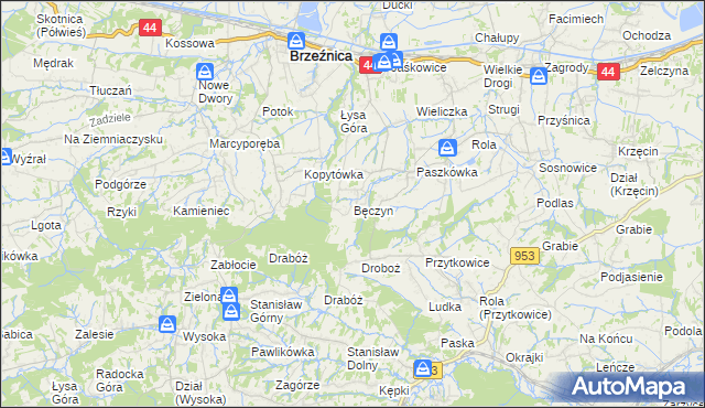 mapa Bęczyn gmina Brzeźnica, Bęczyn gmina Brzeźnica na mapie Targeo