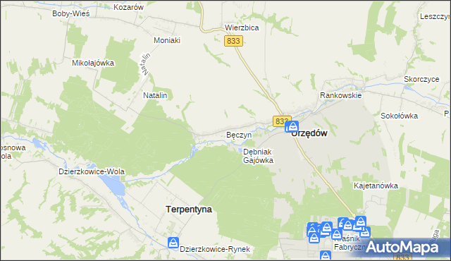 mapa Bęczyn gmina Urzędów, Bęczyn gmina Urzędów na mapie Targeo