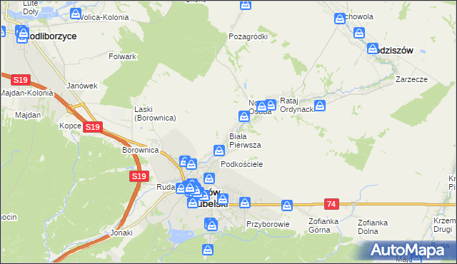 mapa Biała Pierwsza gmina Janów Lubelski, Biała Pierwsza gmina Janów Lubelski na mapie Targeo