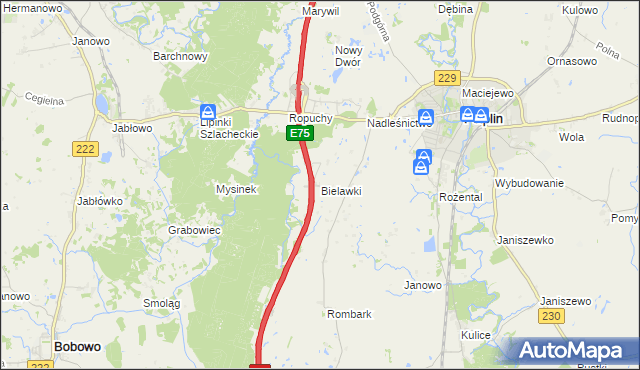 mapa Bielawki gmina Pelplin, Bielawki gmina Pelplin na mapie Targeo
