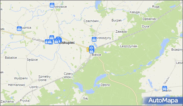 mapa Bielice gmina Biskupiec, Bielice gmina Biskupiec na mapie Targeo