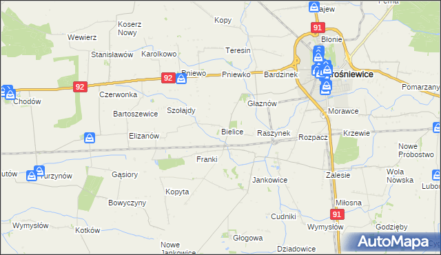 mapa Bielice gmina Krośniewice, Bielice gmina Krośniewice na mapie Targeo