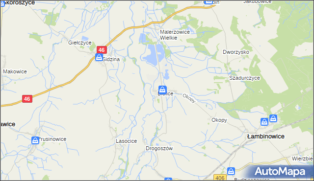 mapa Bielice gmina Łambinowice, Bielice gmina Łambinowice na mapie Targeo