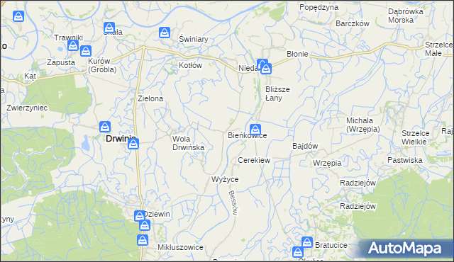 mapa Bieńkowice gmina Drwinia, Bieńkowice gmina Drwinia na mapie Targeo