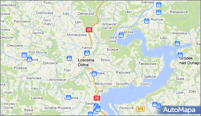 mapa Bilsko gmina Łososina Dolna, Bilsko gmina Łososina Dolna na mapie Targeo