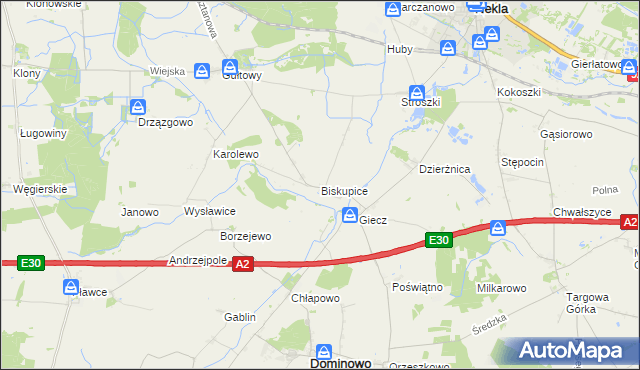 mapa Biskupice gmina Dominowo, Biskupice gmina Dominowo na mapie Targeo
