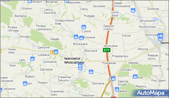 mapa Biskupice gmina Iwanowice, Biskupice gmina Iwanowice na mapie Targeo