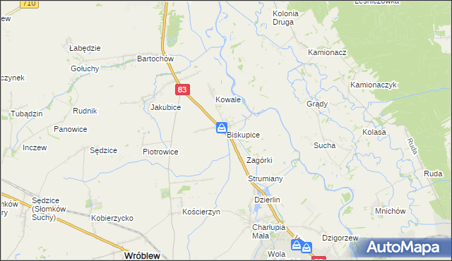 mapa Biskupice gmina Sieradz, Biskupice gmina Sieradz na mapie Targeo