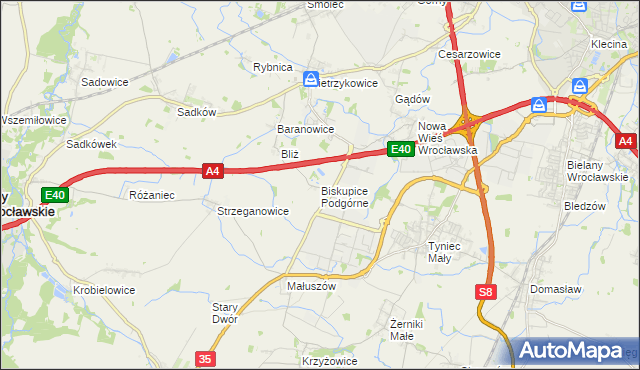 mapa Biskupice Podgórne, Biskupice Podgórne na mapie Targeo