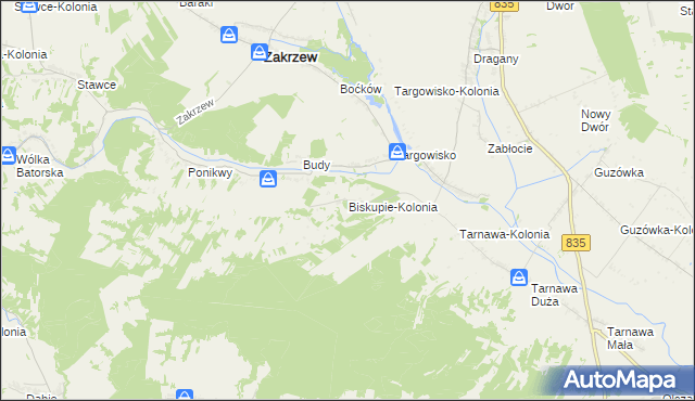 mapa Biskupie-Kolonia gmina Wysokie, Biskupie-Kolonia gmina Wysokie na mapie Targeo