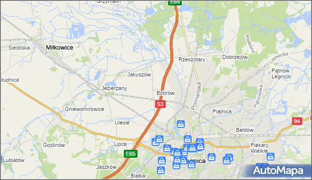 mapa Bobrów gmina Miłkowice, Bobrów gmina Miłkowice na mapie Targeo