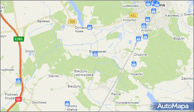 mapa Borkowice gmina Mosina, Borkowice gmina Mosina na mapie Targeo