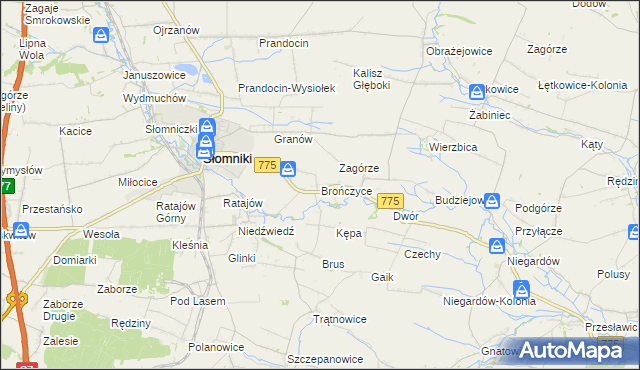 mapa Brończyce gmina Słomniki, Brończyce gmina Słomniki na mapie Targeo