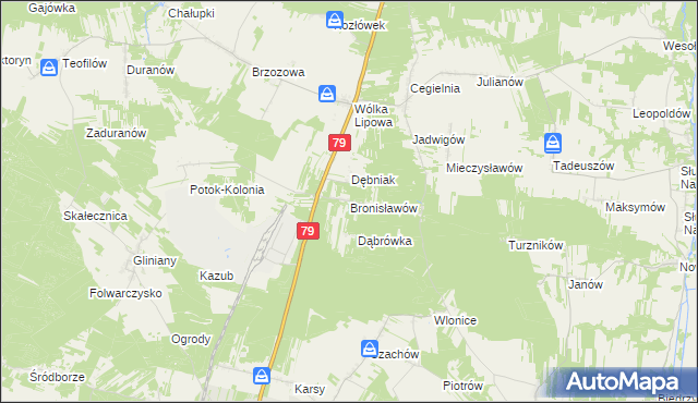 mapa Bronisławów gmina Tarłów, Bronisławów gmina Tarłów na mapie Targeo