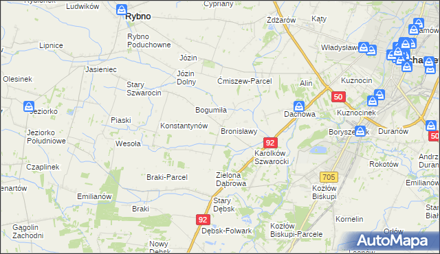 mapa Bronisławy gmina Rybno, Bronisławy gmina Rybno na mapie Targeo