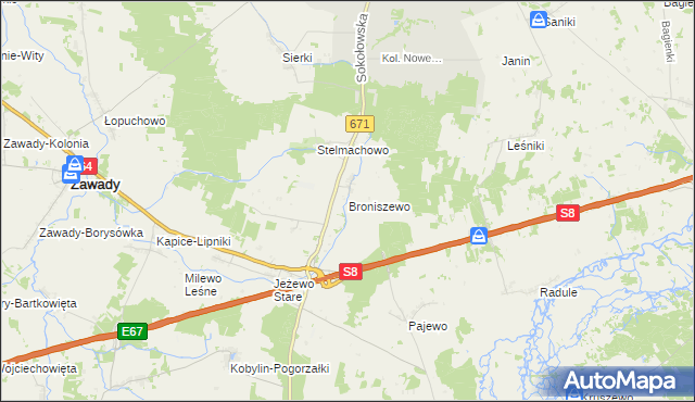 mapa Broniszewo gmina Tykocin, Broniszewo gmina Tykocin na mapie Targeo
