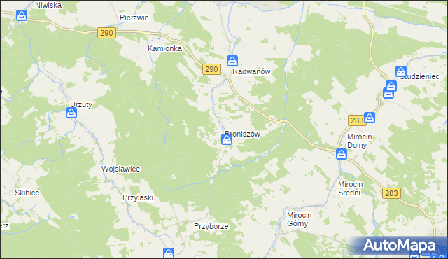 mapa Broniszów gmina Kożuchów, Broniszów gmina Kożuchów na mapie Targeo