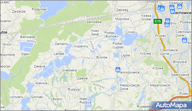 mapa Bronów gmina Czechowice-Dziedzice, Bronów gmina Czechowice-Dziedzice na mapie Targeo