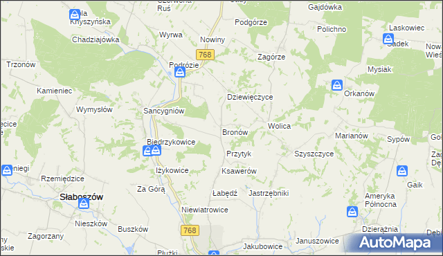 mapa Bronów gmina Działoszyce, Bronów gmina Działoszyce na mapie Targeo