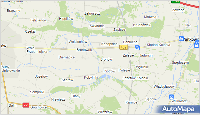 mapa Bronów gmina Wartkowice, Bronów gmina Wartkowice na mapie Targeo