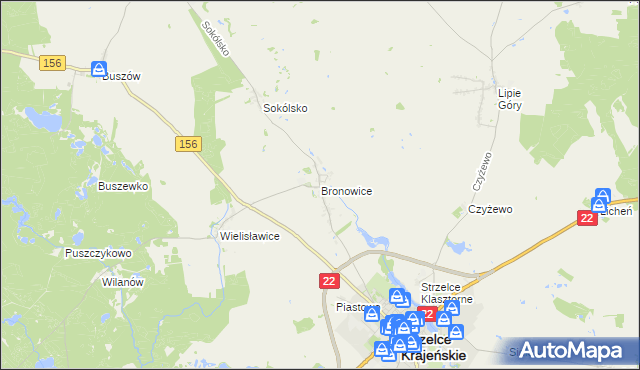 mapa Bronowice gmina Strzelce Krajeńskie, Bronowice gmina Strzelce Krajeńskie na mapie Targeo