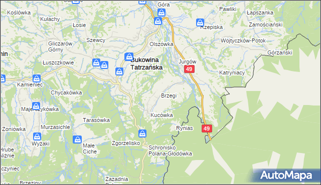 mapa Brzegi gmina Bukowina Tatrzańska, Brzegi gmina Bukowina Tatrzańska na mapie Targeo