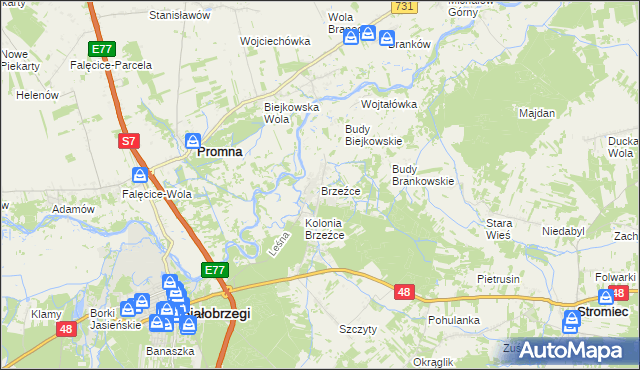 mapa Brzeźce gmina Białobrzegi, Brzeźce gmina Białobrzegi na mapie Targeo