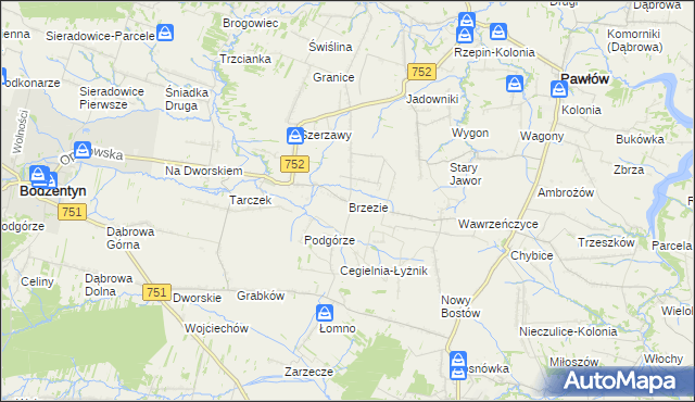 mapa Brzezie gmina Pawłów, Brzezie gmina Pawłów na mapie Targeo