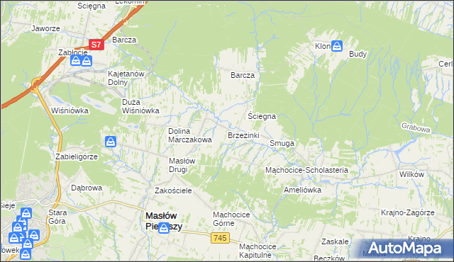 mapa Brzezinki gmina Masłów, Brzezinki gmina Masłów na mapie Targeo