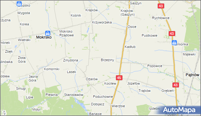 mapa Brzeziny gmina Mokrsko, Brzeziny gmina Mokrsko na mapie Targeo