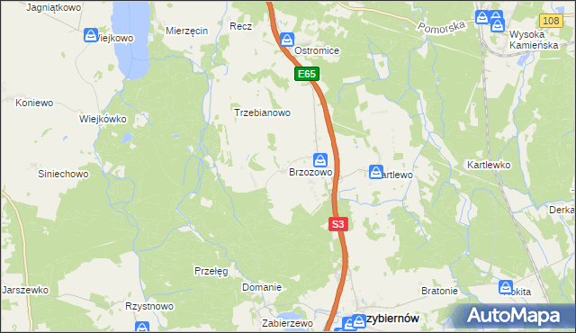 mapa Brzozowo gmina Przybiernów, Brzozowo gmina Przybiernów na mapie Targeo