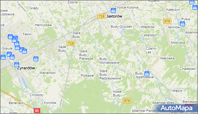 mapa Budy Michałowskie gmina Jaktorów, Budy Michałowskie gmina Jaktorów na mapie Targeo