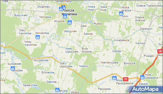 mapa Budy Wolskie gmina Puszcza Mariańska, Budy Wolskie gmina Puszcza Mariańska na mapie Targeo