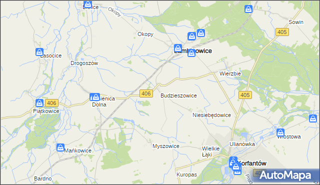 mapa Budzieszowice gmina Łambinowice, Budzieszowice gmina Łambinowice na mapie Targeo