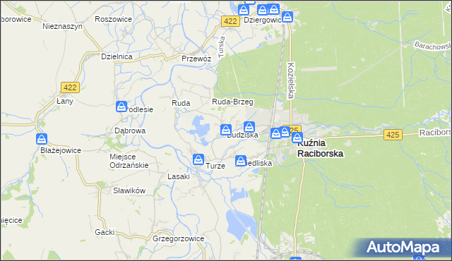 mapa Budziska gmina Kuźnia Raciborska, Budziska gmina Kuźnia Raciborska na mapie Targeo