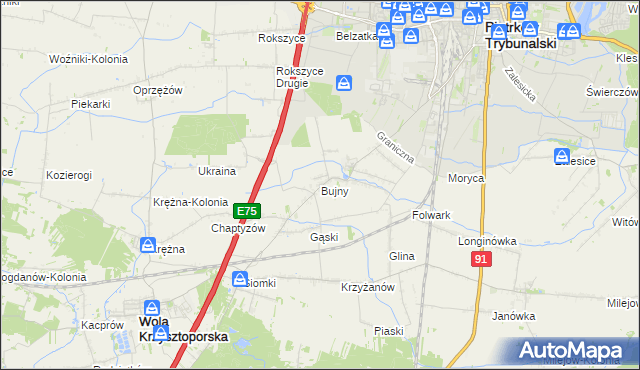 mapa Bujny gmina Wola Krzysztoporska, Bujny gmina Wola Krzysztoporska na mapie Targeo