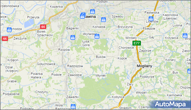 mapa Buków gmina Mogilany, Buków gmina Mogilany na mapie Targeo