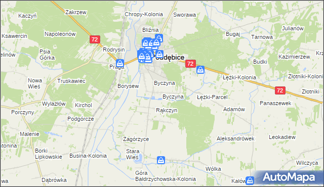 mapa Byczyna gmina Poddębice, Byczyna gmina Poddębice na mapie Targeo