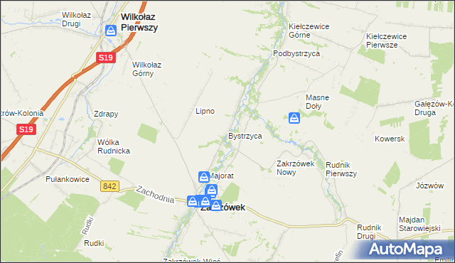 mapa Bystrzyca gmina Zakrzówek, Bystrzyca gmina Zakrzówek na mapie Targeo