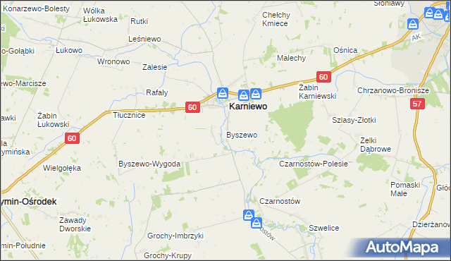 mapa Byszewo gmina Karniewo, Byszewo gmina Karniewo na mapie Targeo