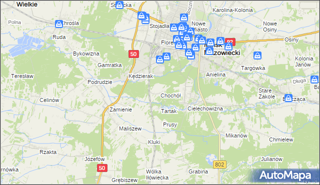 mapa Chochół gmina Mińsk Mazowiecki, Chochół gmina Mińsk Mazowiecki na mapie Targeo