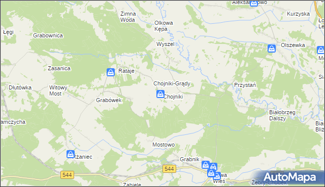 mapa Chojniki gmina Olszewo-Borki, Chojniki gmina Olszewo-Borki na mapie Targeo