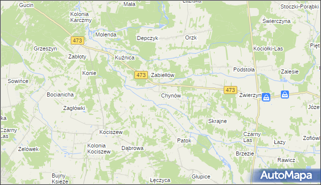 mapa Chynów gmina Drużbice, Chynów gmina Drużbice na mapie Targeo