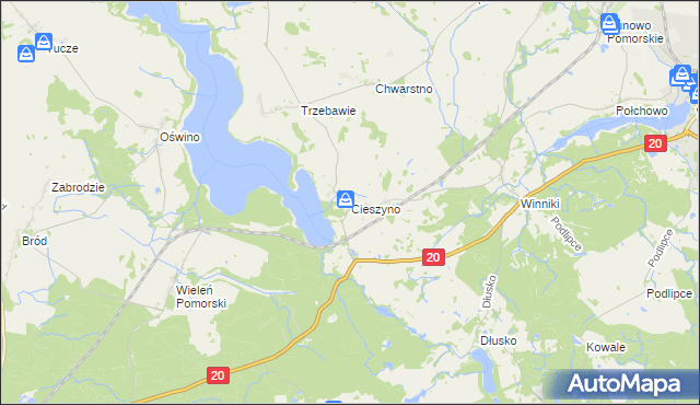 mapa Cieszyno gmina Węgorzyno, Cieszyno gmina Węgorzyno na mapie Targeo