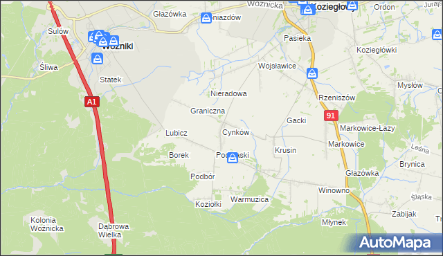 mapa Cynków gmina Koziegłowy, Cynków gmina Koziegłowy na mapie Targeo