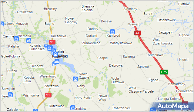 mapa Czaple gmina Lubień Kujawski, Czaple gmina Lubień Kujawski na mapie Targeo