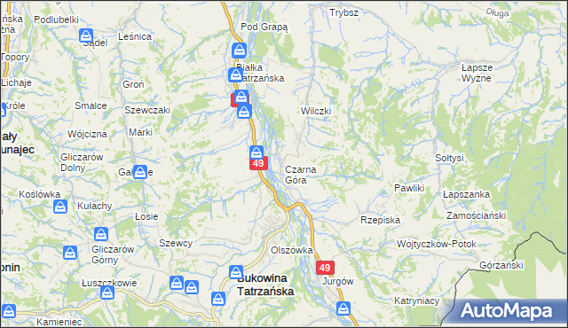 mapa Czarna Góra gmina Bukowina Tatrzańska, Czarna Góra gmina Bukowina Tatrzańska na mapie Targeo